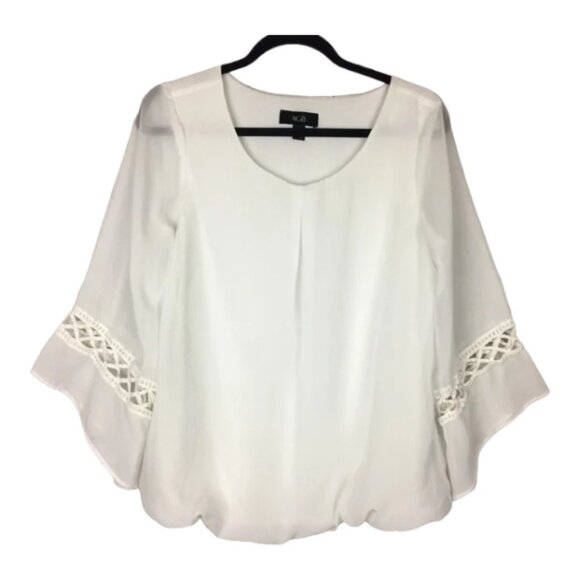 AGB White Sheer Boho Flowy Long Bell Sleeve Blouse Medium - Picture 2 of 8
